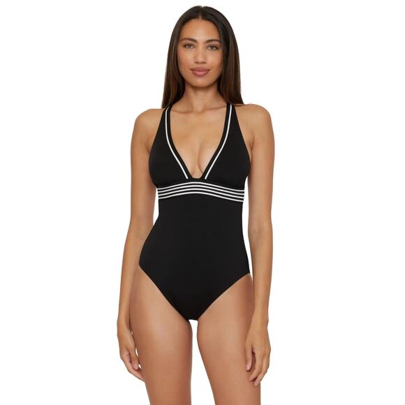 NEW! $172 TRINA TURK MONACO PLEATED PLUNGE ONE PIECE SWIMSUIT BLACK/WHITE SZ 8 - Picture 2 of 8